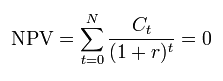 Where,t = time,C = cash flow,r = internal rate of return, andNPV = net present value.