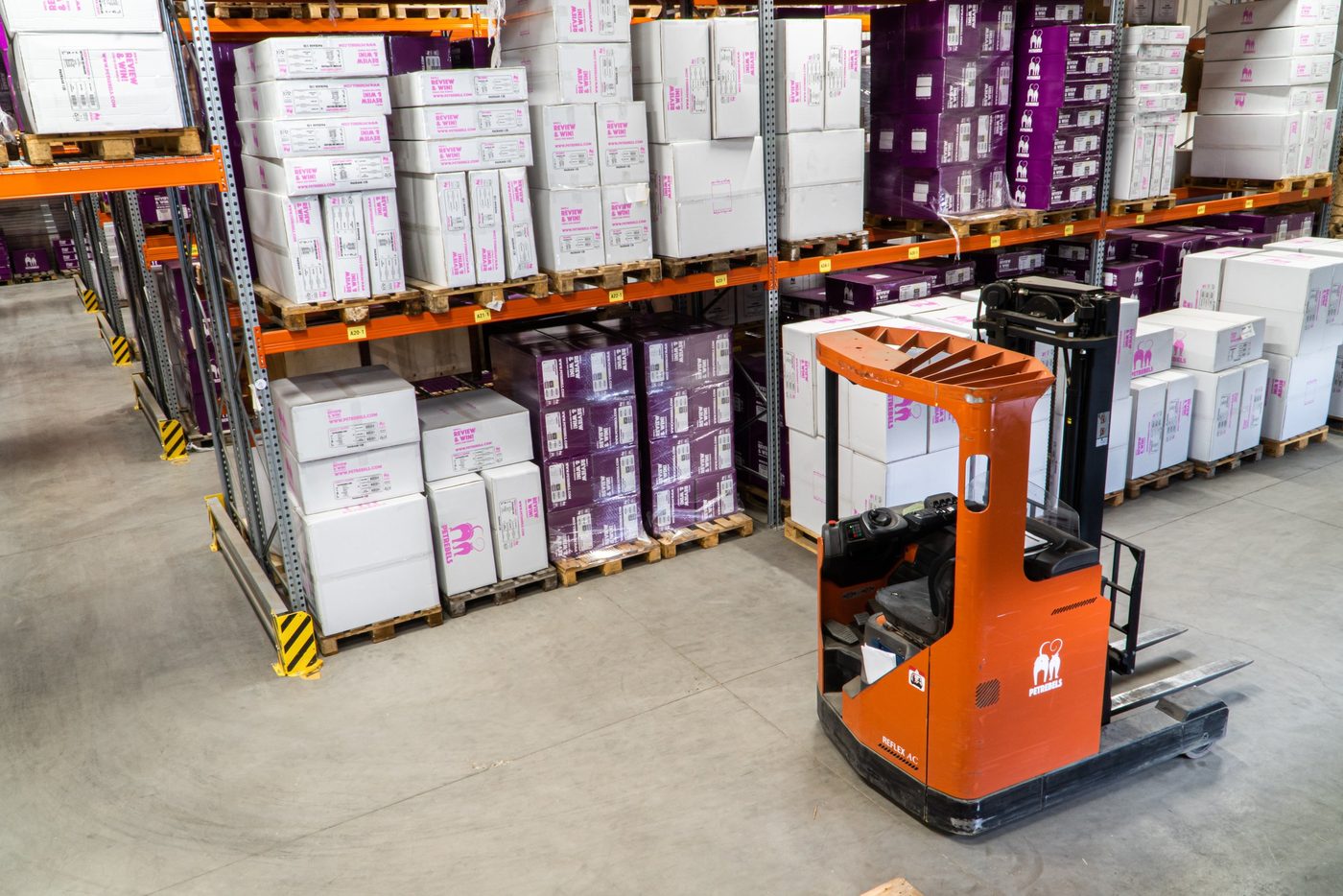 Shelfs and boxes in a warehouse.